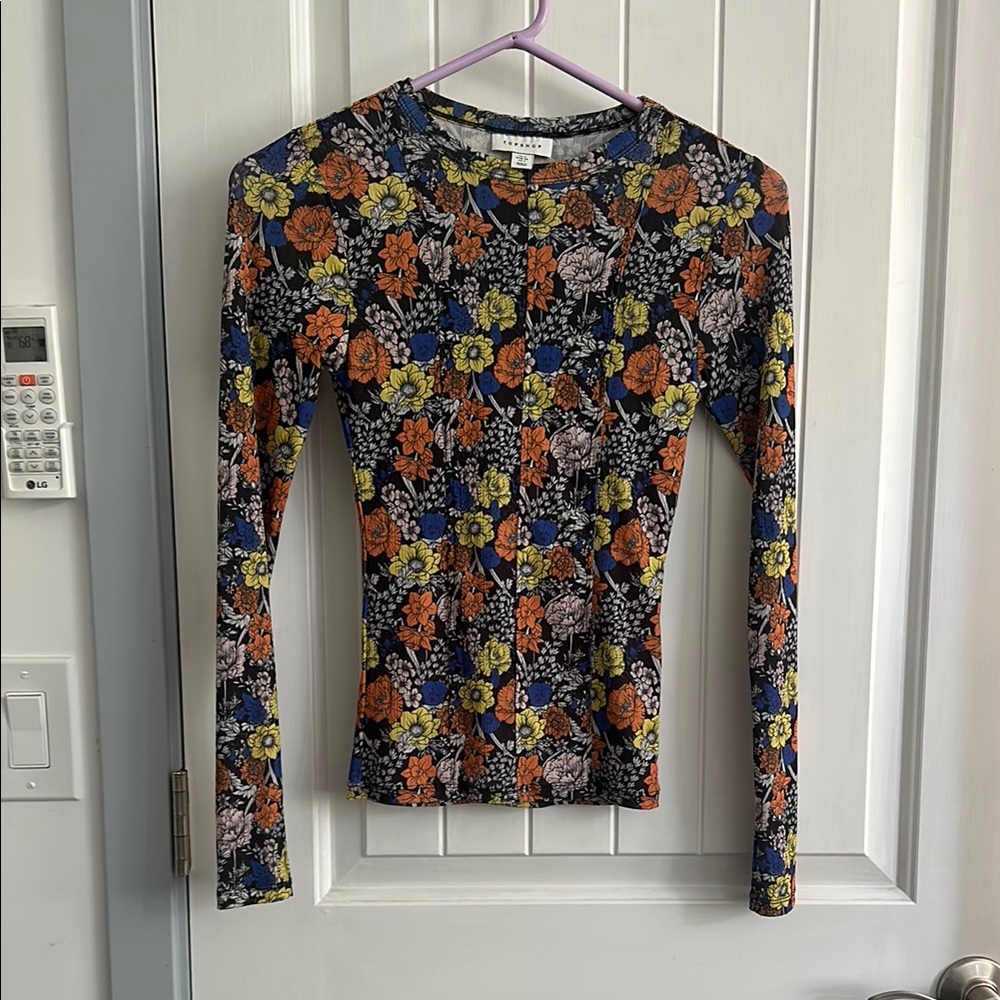 Topshop Black and Orange Graphic Fitted Blouse